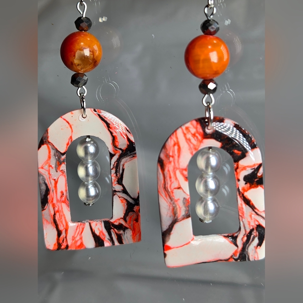 #B163- Handmade Marble Arch Earrings with Pearl Accents And Fire Agate Beads - Picture 4 of 5